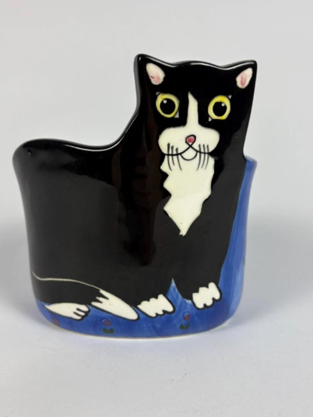 Vintage Andrea West For Sigma Hand Painted Black Tuxedo Cat Planter Container